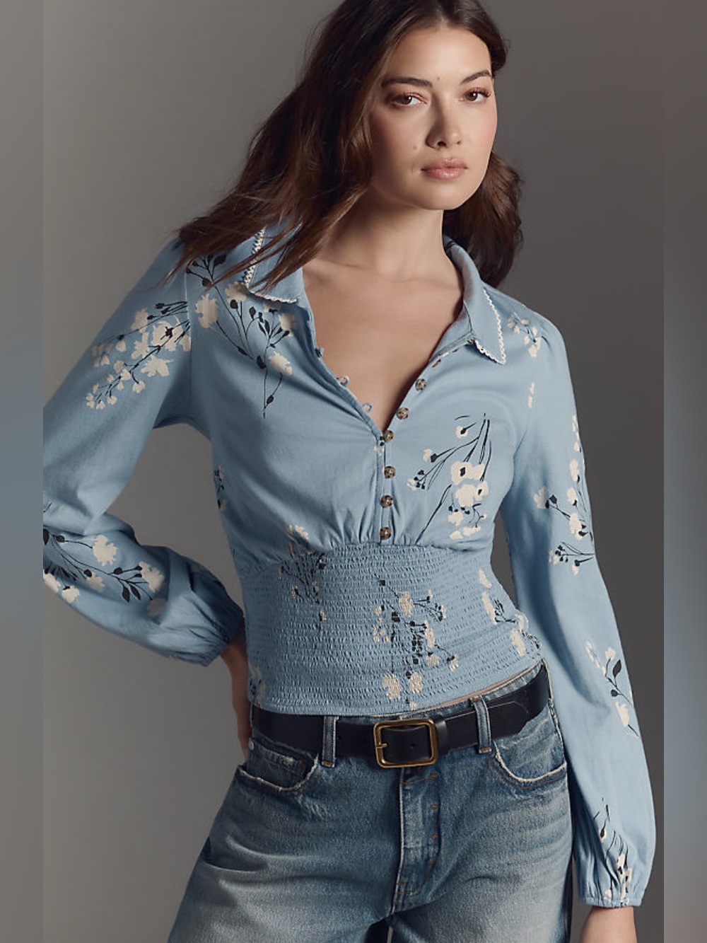 Maeve Anthropologie cotton baby blue floral collared smocked waist blouse